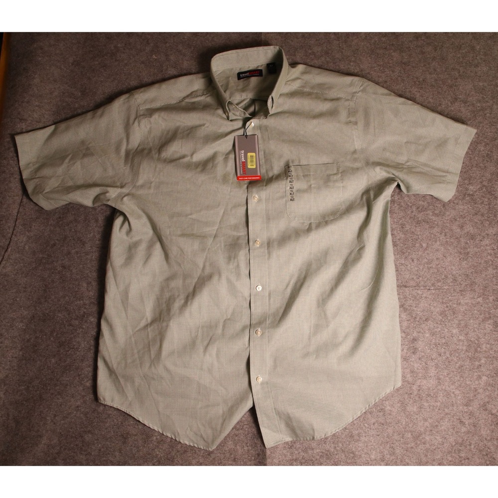 TravelSmart Roundtree & Yorke Mens XLT Green MicroCheck Button Down SS Shirt NEW
